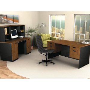 Executive Work Station and Credenza/Hutch Set in Tuscany Brown and Black - Hampton - Bestar Office Furniture